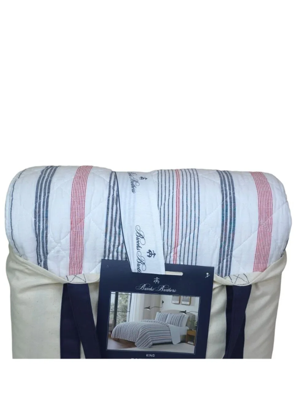 Brooks Brothers King Cotton Slub Quilt Set With Shams Red & Blue Stripes 3-Piece